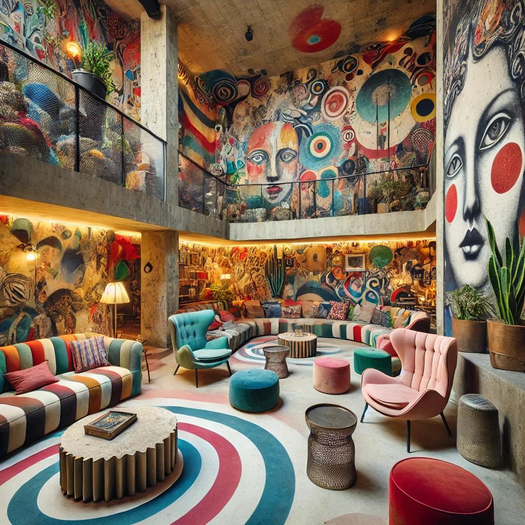 A sunken lounge with colourful furniture, abstract art on the walls, and a variety of textures