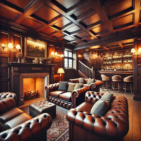A sunken lounge with dark wood paneling, a brick fireplace, and comfortable leather sofas
