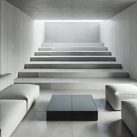 A sunken lounge with white walls, grey seating, and a simple black coffee table.